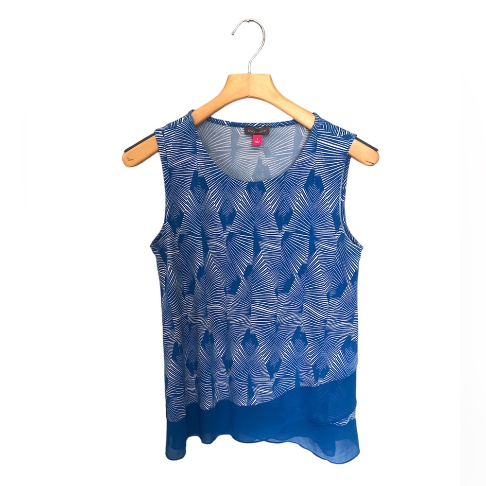 Vince Camuto Blue White Sleeveless Sheer Ruffled Tunic Top Small